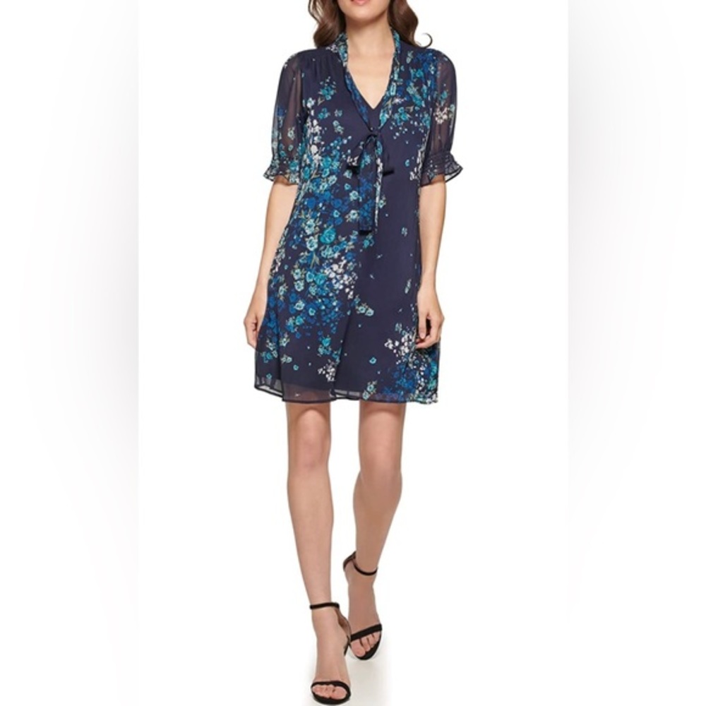 NWT DKNY Floral Chiffon Tie Neck Shift Dress Navy Blue